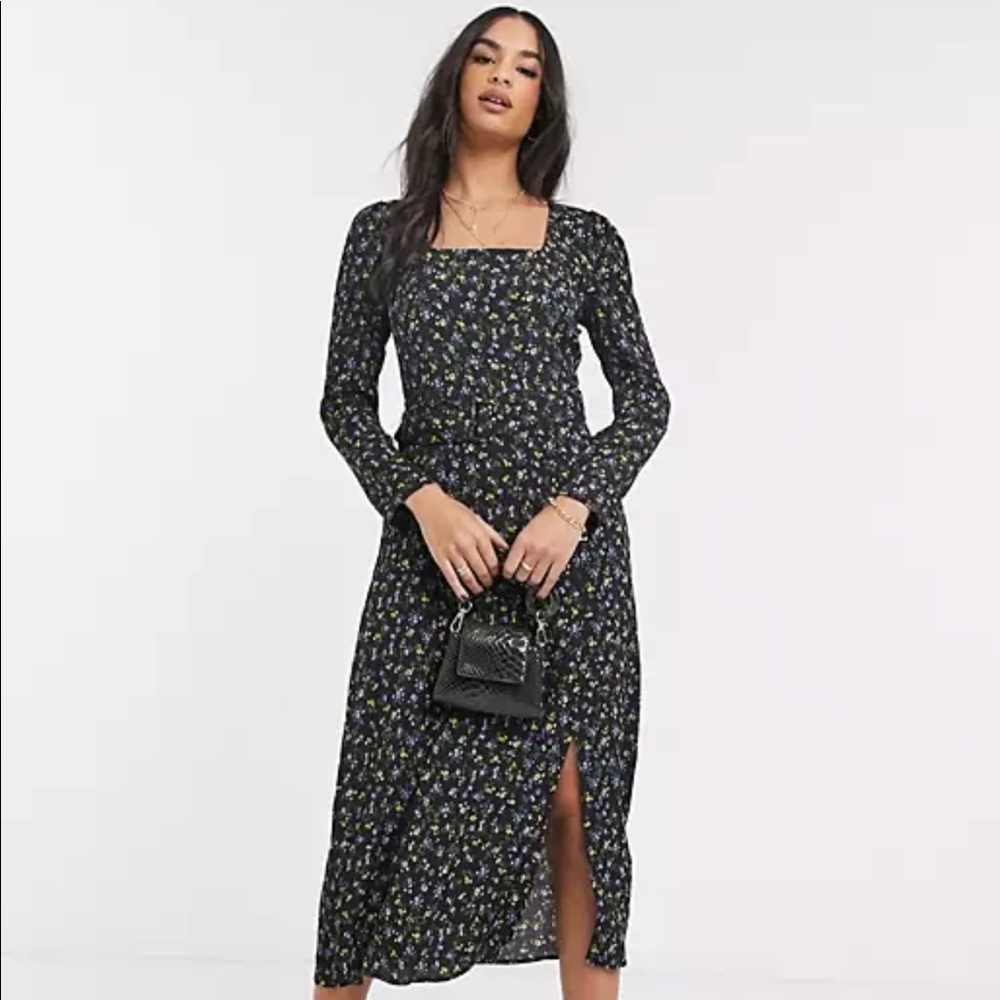Warehouse ditsy square neck midi dress in black
